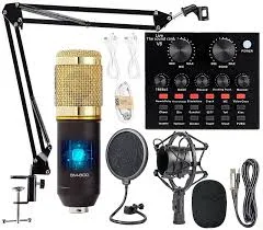 BM-800 condenser mic kit with boom arm, shock mount, pop filter, V8 sound card and cables.