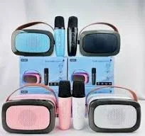 Four K88 karaoke Bluetooth speakers in blue, brown, pink and white, each with a wireless mic.