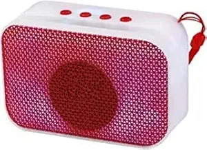 Small white and red Bluetooth speaker with a mesh grille, four top buttons and a red wrist strap.