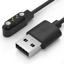Black W26 smartwatch magnetic charging cable with two gold pogo pins and a USB-A plug.