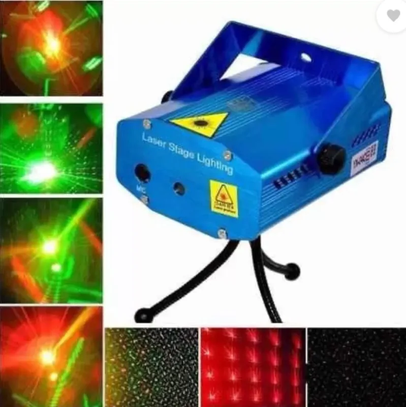 Blue mini laser stage disco light on a bendy tripod, with sample red and green pattern projections.