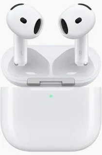 White open-fit TWS earbuds marked L and R in an open case with a green status LED.