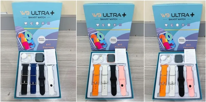 Open W9 Ultra+ smartwatch kit box with four colour straps, magnetic charging puck and manual.